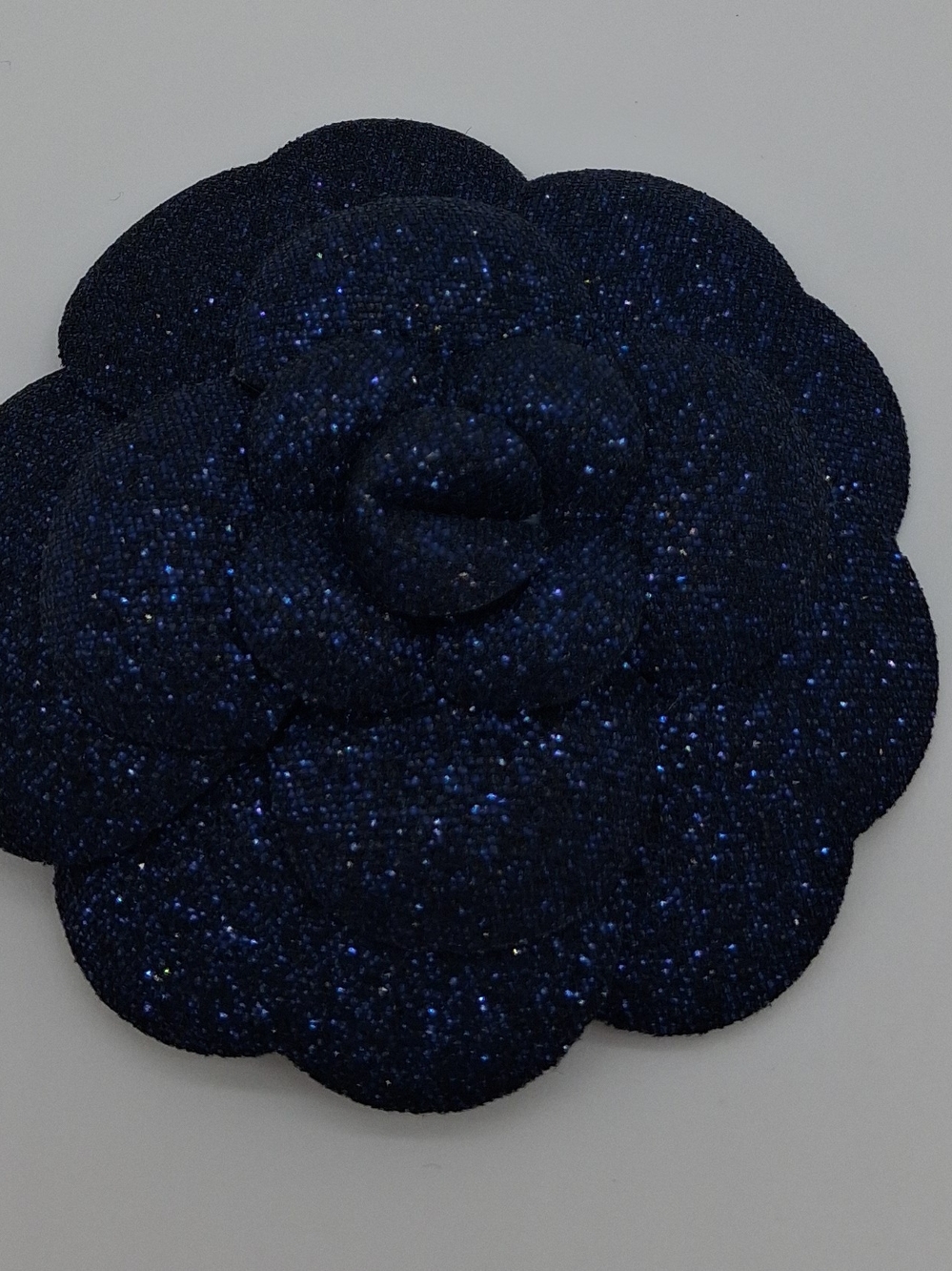 CHANEL Camellia Navy Blue Sparkle Fabric Flower Converted Brooch Pin